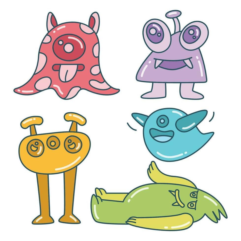 cute and funny doodle monster character color design theme vector