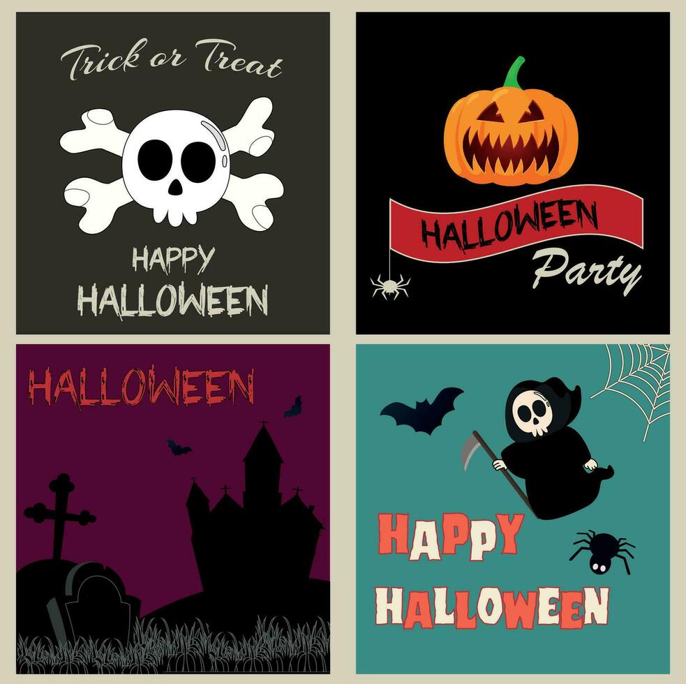 Set of Halloween banner, poster or card with scary elements. Vector cartoon flat illustration.