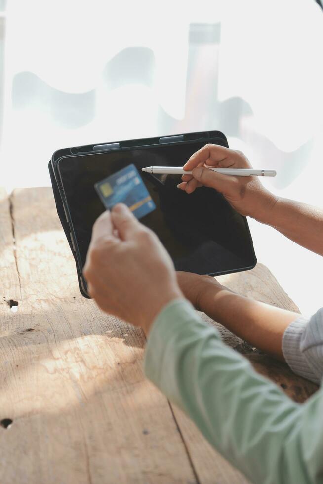 Shocked aged couple become victims of online fraud using credit card phone to pay for goods order service online on suspicious website. Frustrated older spouses overspending money at internet shopping photo
