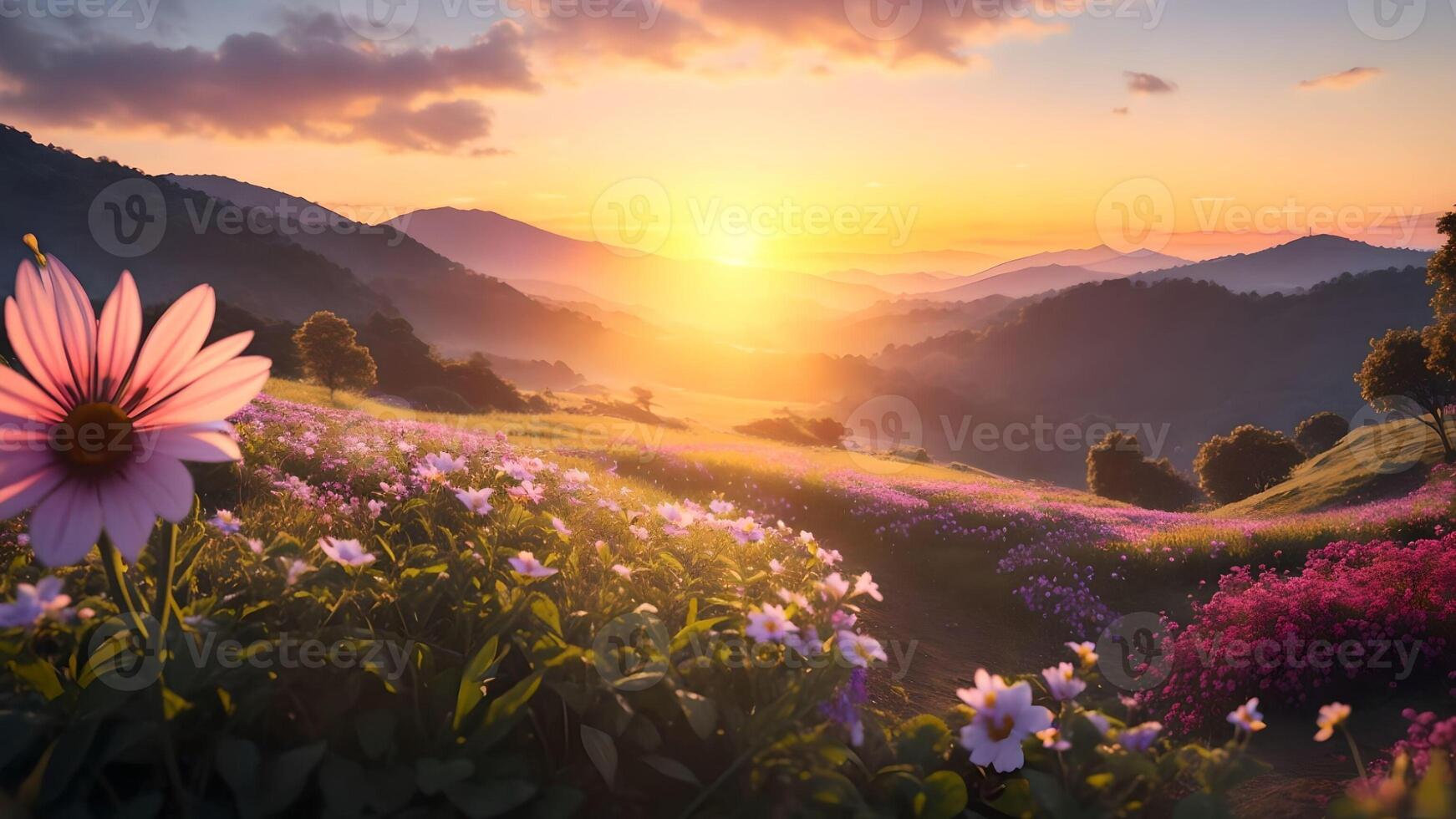 Beautiful sunset landscape with flowers field over the mountain in sunset. . photo