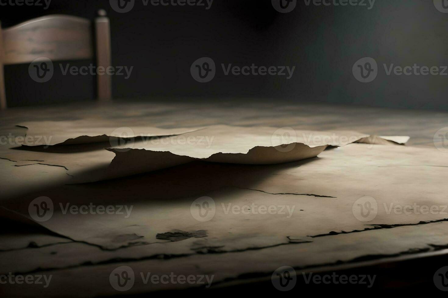 Crumpled paper paper on a wooden table with a chair in the darken room background. AI Generated. photo