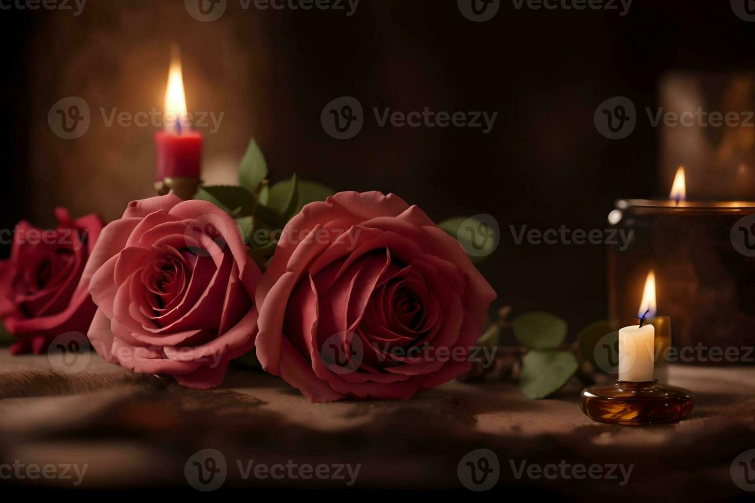bottle of rose essential oil with fresh roses on a wooden table. AI Generated. photo