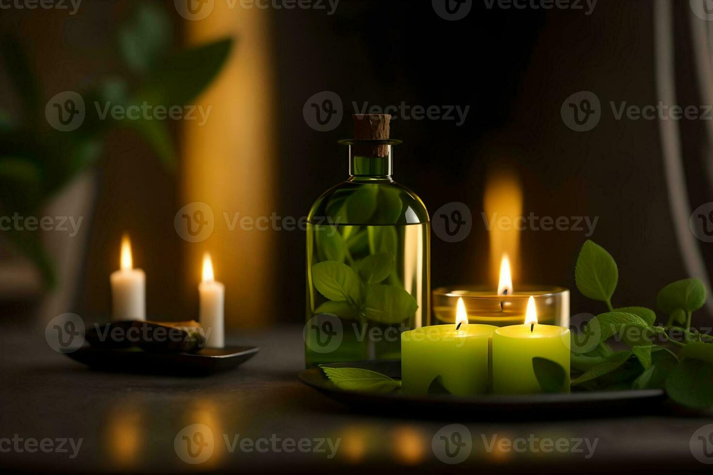 Mint essential oil in a glass bottle with fresh mint leaves and burning candles on black background. AI Generated. photo