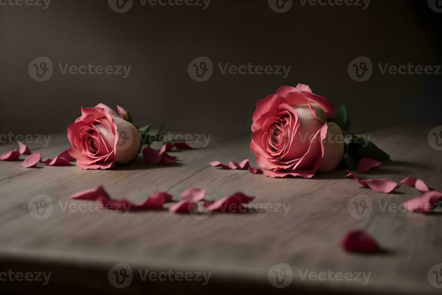 Two pink roses on a wooden background with rose petals on the table. AI Generated. photo