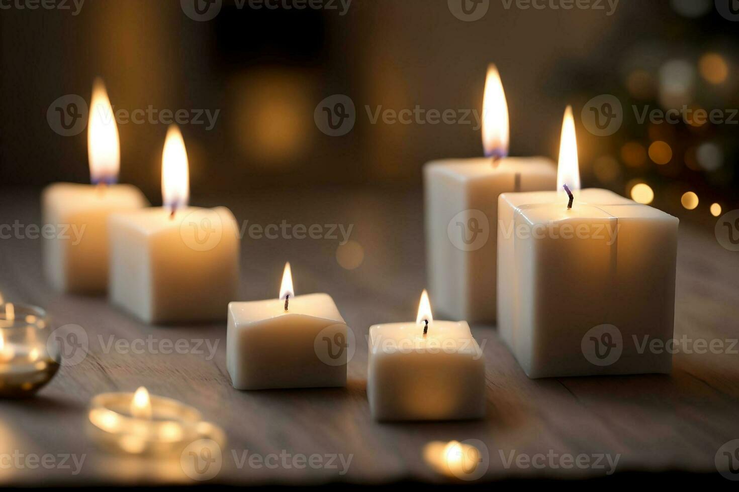 Burning candles on wooden over blurred bokeh background. AI Generated. photo