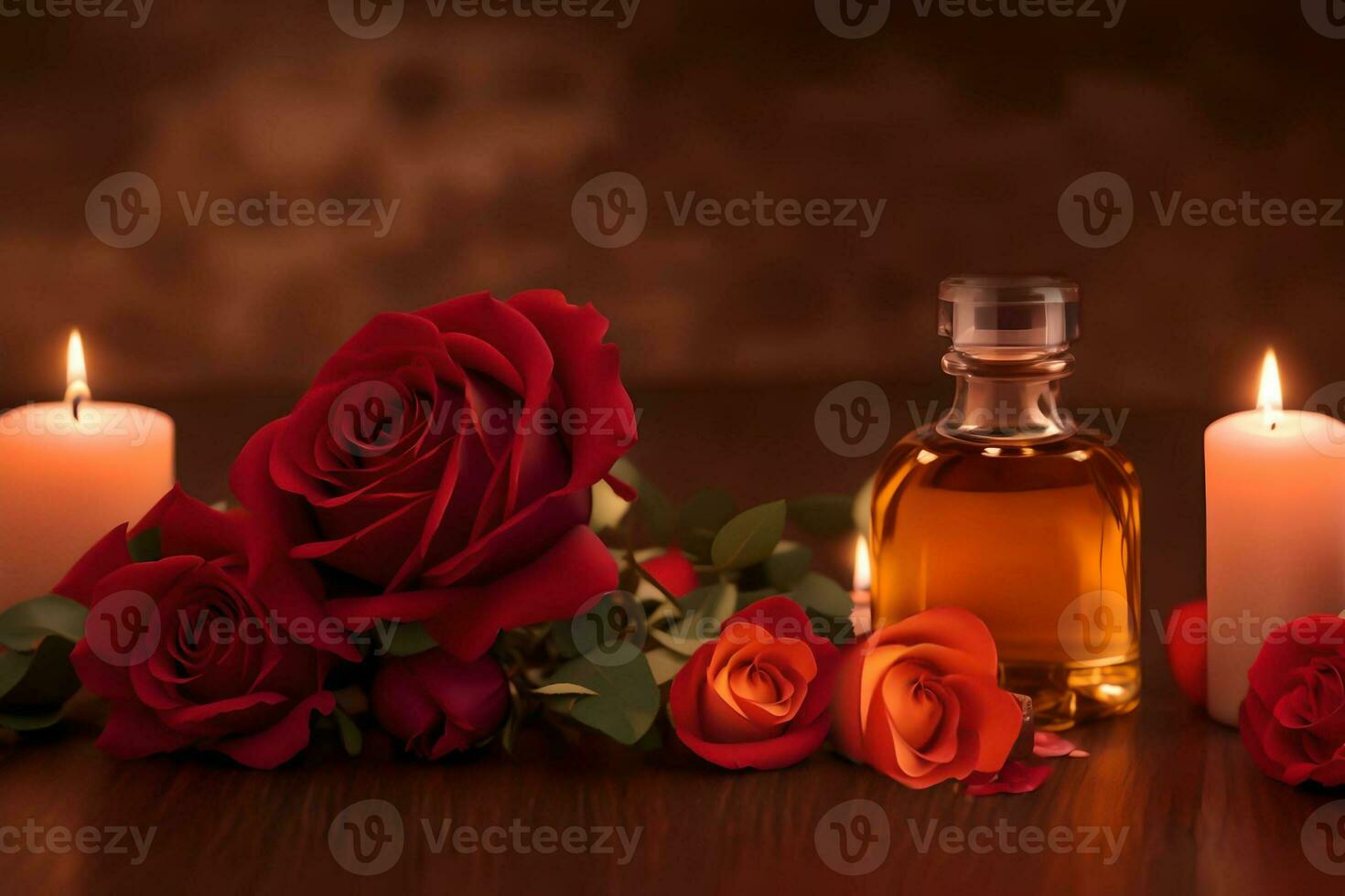 bottle of rose essential oil with fresh roses on a wooden table. AI Generated. photo