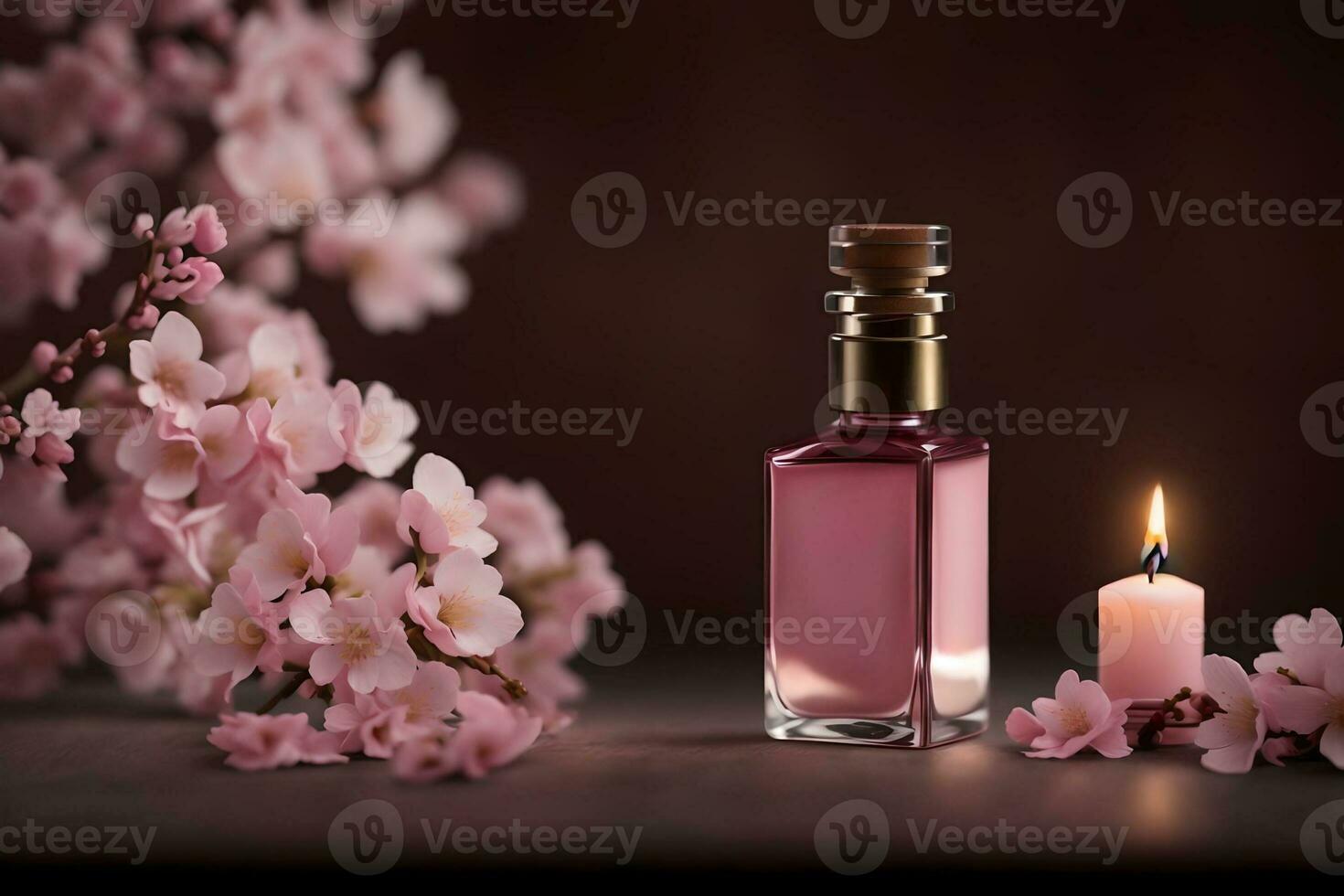 Bottle of perfume with cherry blossoms on wooden table, AI Generated. photo