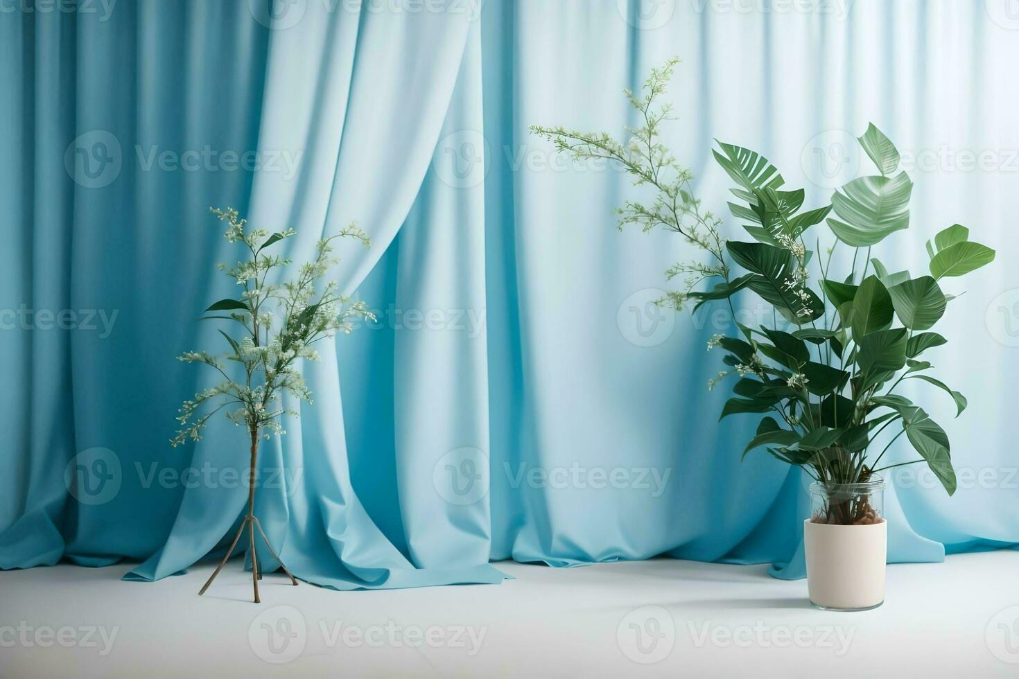 Beautiful tropical houseplant in white pot over blue curtain background. AI Generated. photo
