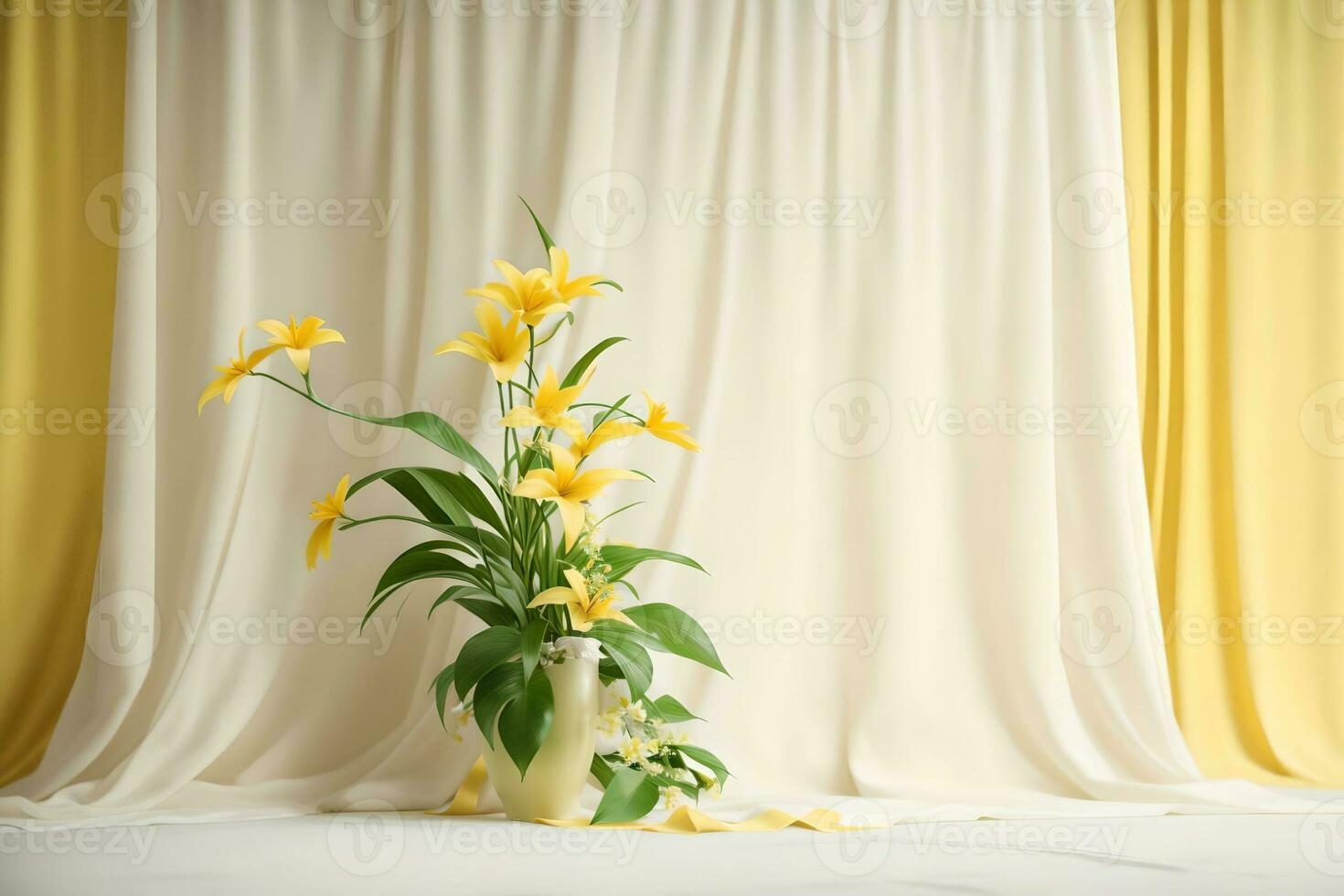 Beautiful tropical houseplant over white and yellow curtain background. AI Generated. photo