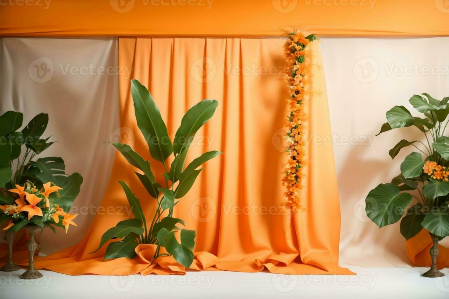 hermosa cortina con tropical planta y flores en ligero naranja fondo, Boda fondo diseño concepto. ai generado. foto