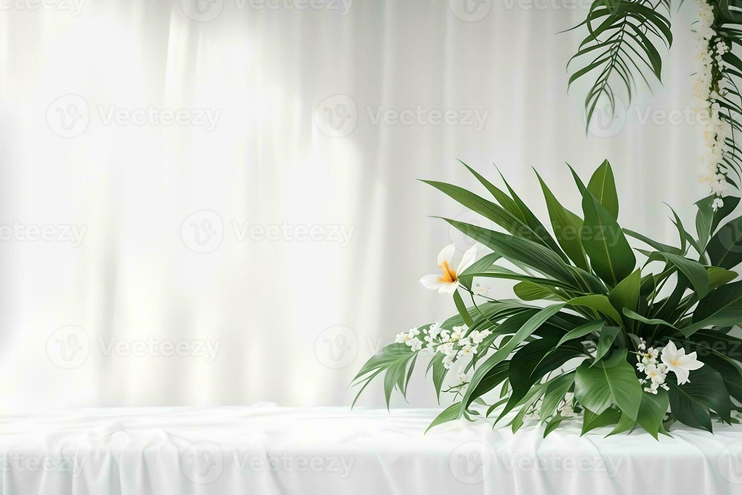 Beautiful tropical houseplant in white pot over white curtain background. AI Generated. photo