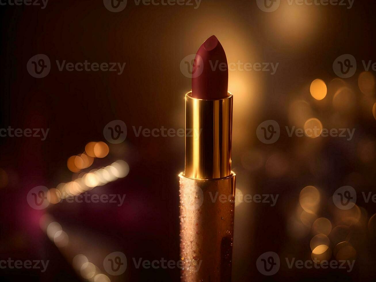 Lipstick in golden case on a dark background . AI Generated. photo