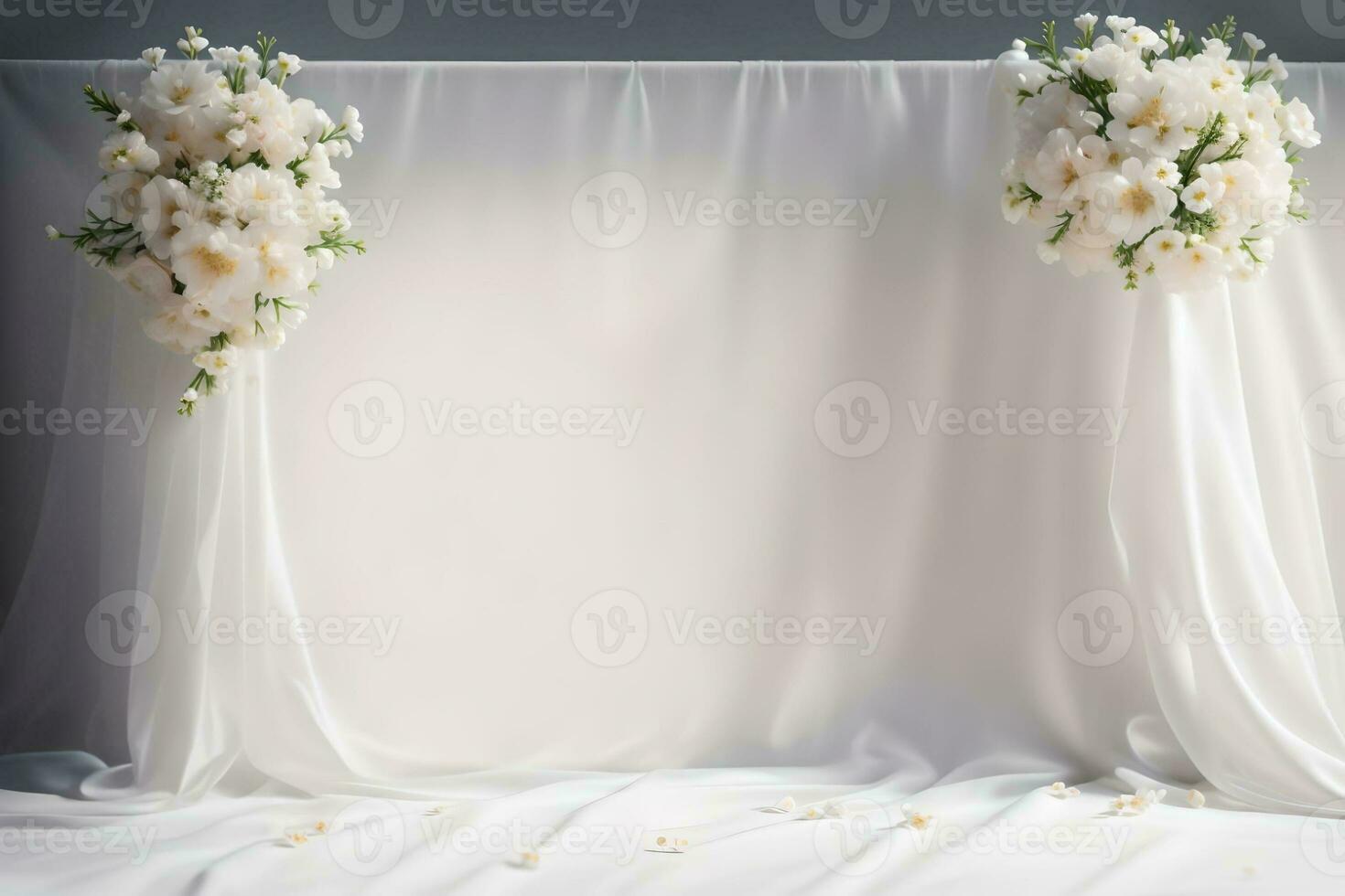 Boda arco decorado con algodón flores en blanco tela antecedentes. ai generado. foto