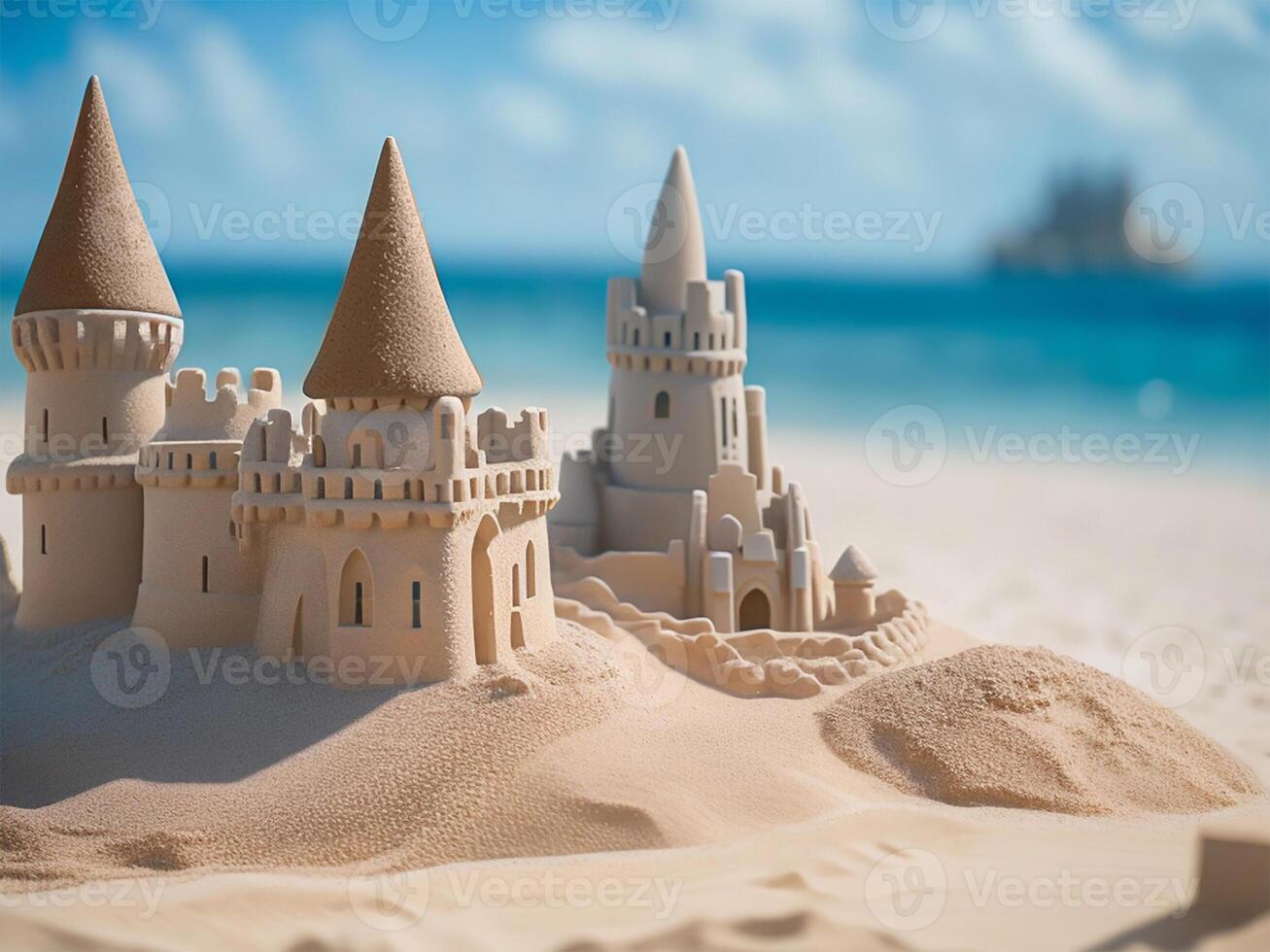 Sand castle on sand beach over blurred blue sea background. . photo