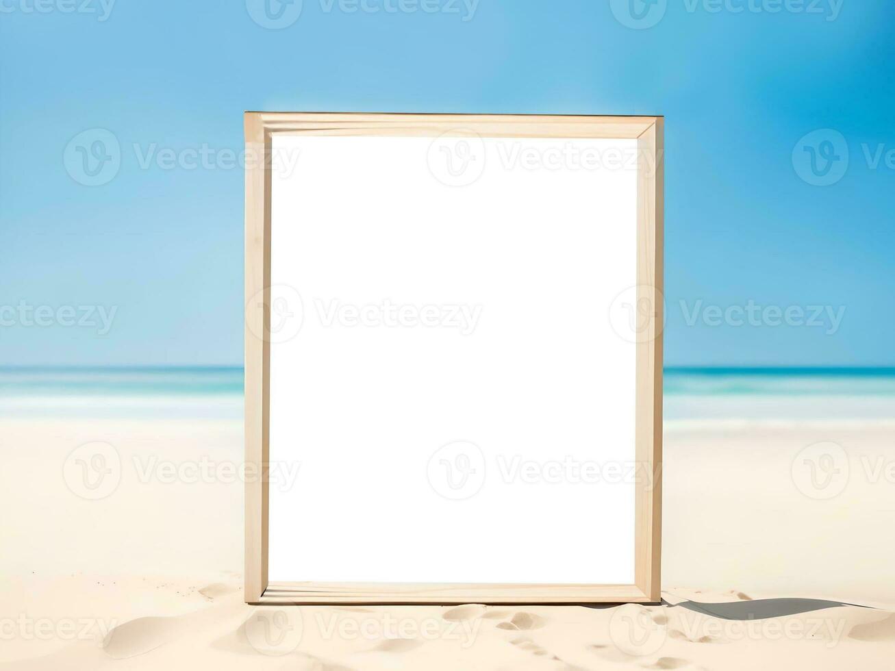 blank photo frame on summer beach over blurred blue sea. AI Generated.