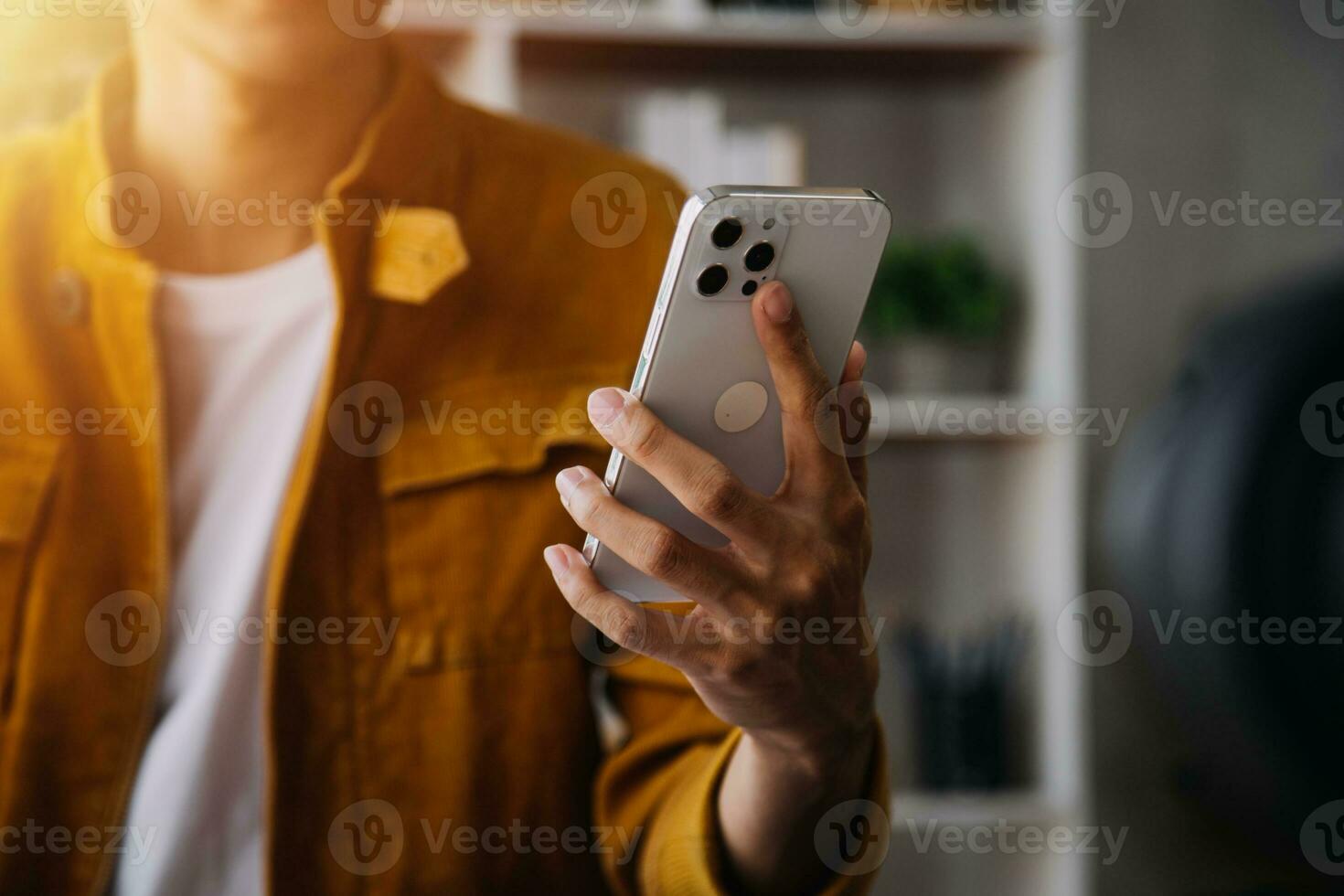 Entrepreneur Asian businessman and businesswoman discussing new business project in tablet in modern Meeting In Modern Office, Asian business casual concept. photo