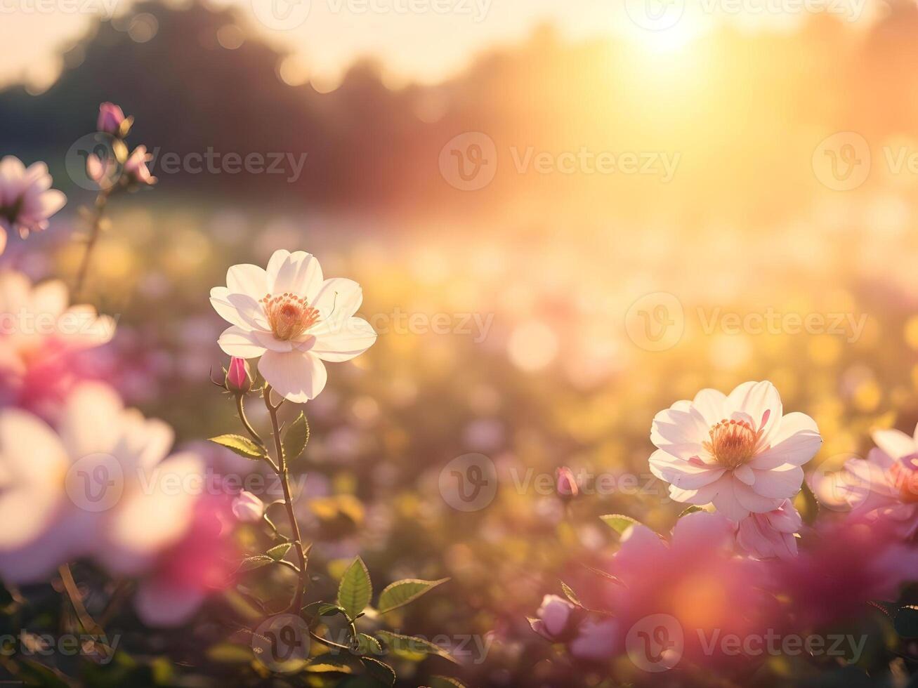 grass flowers field over blurred sunset background. . photo