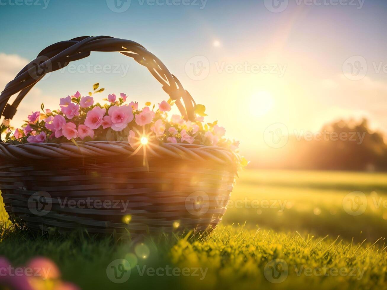 flowers basket over blurred sunset landscape background. . photo