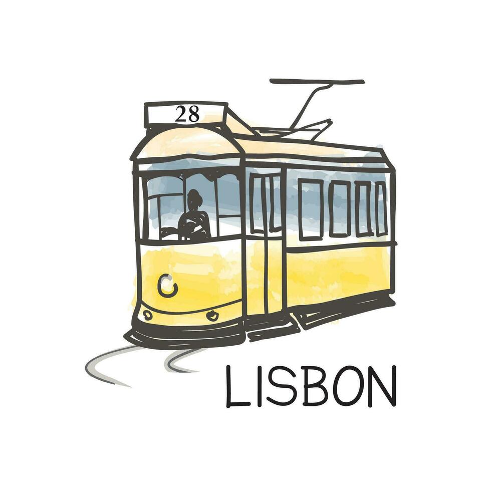 Lisboa ciudad punto de referencia famoso Clásico amarillo tranvía 28, el más antiguo europeo público transporte de el antiguo ciudad, Lisboa, Portugal. retro póster turista atracción vector ilustración.
