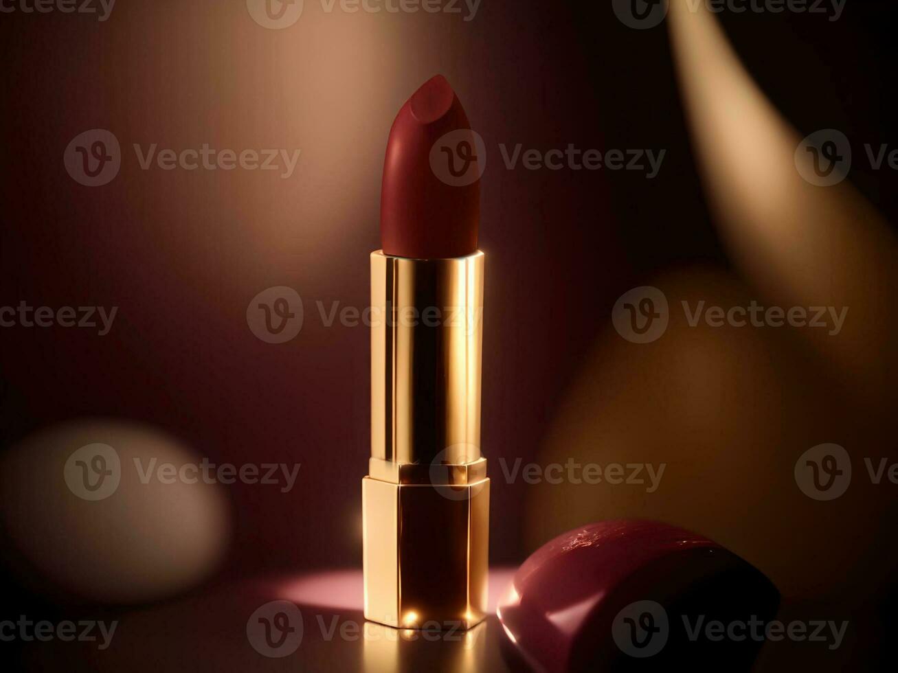Lipstick in golden case on a dark background . AI Generated. photo