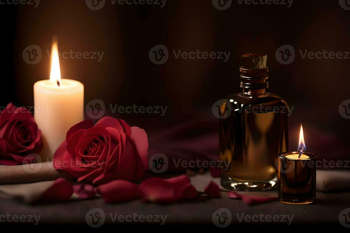 bottle of rose essential oil with fresh roses on a wooden table. AI Generated. photo