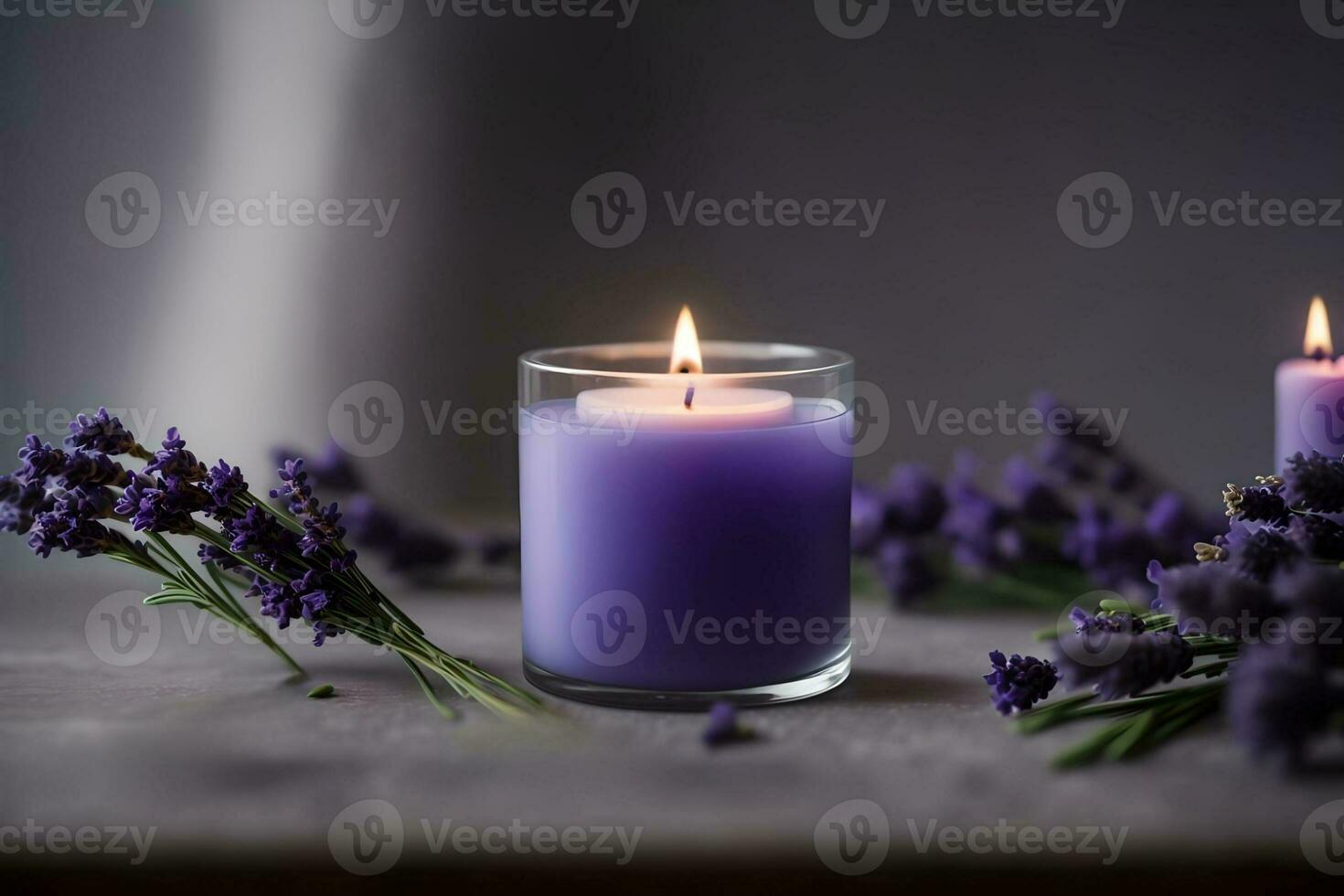 Burning candle with lavender flowers on wooden table, AI Generated. photo