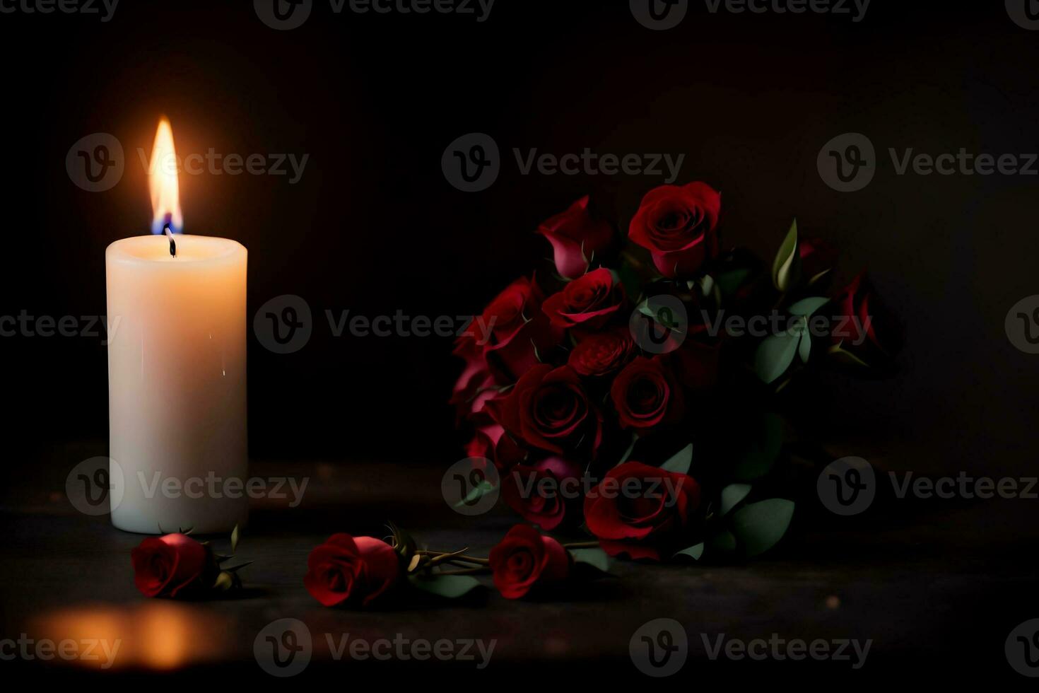 Red roses and a burning candle on a dark background. AI Generated. photo