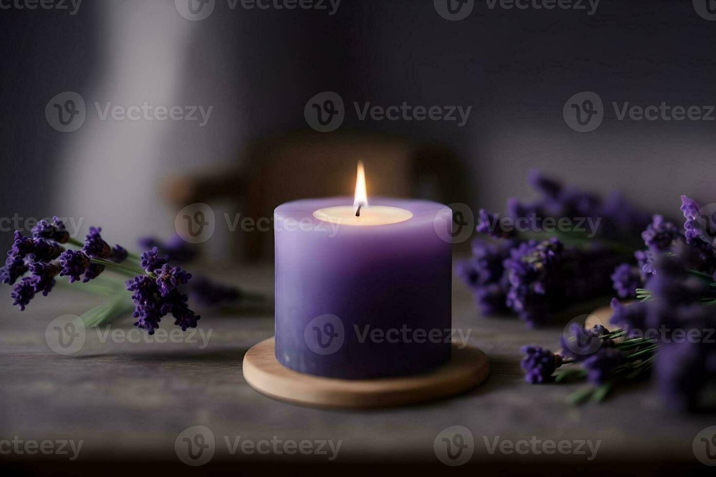 Burning candle with lavender flowers on wooden table, AI Generated. photo