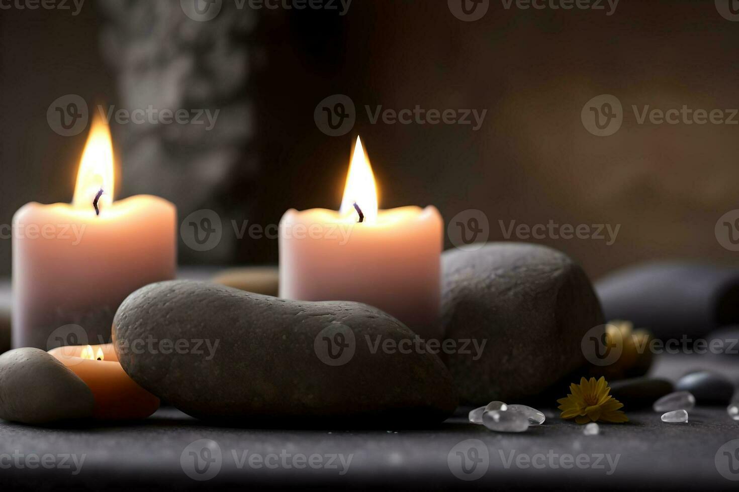 Spa still life with candles and stones on dark background, AI Generated. photo