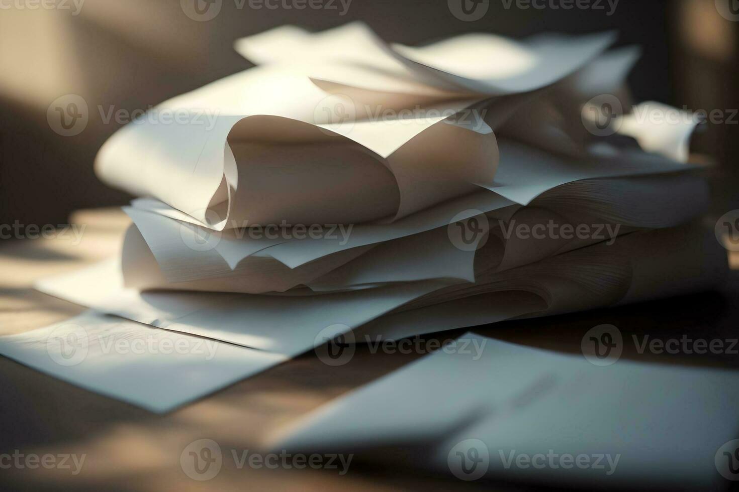 Stack of papers on wooden table in office, closeup. Business concept. AI Generated. photo