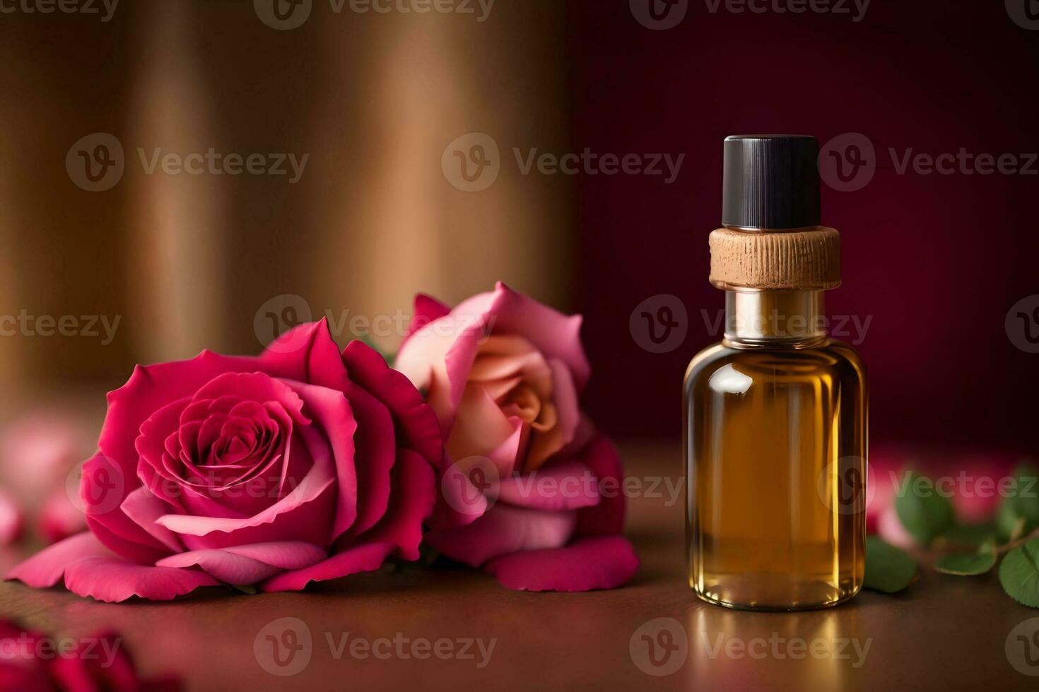 bottle of rose essential oil with fresh roses on a wooden table. AI Generated. photo