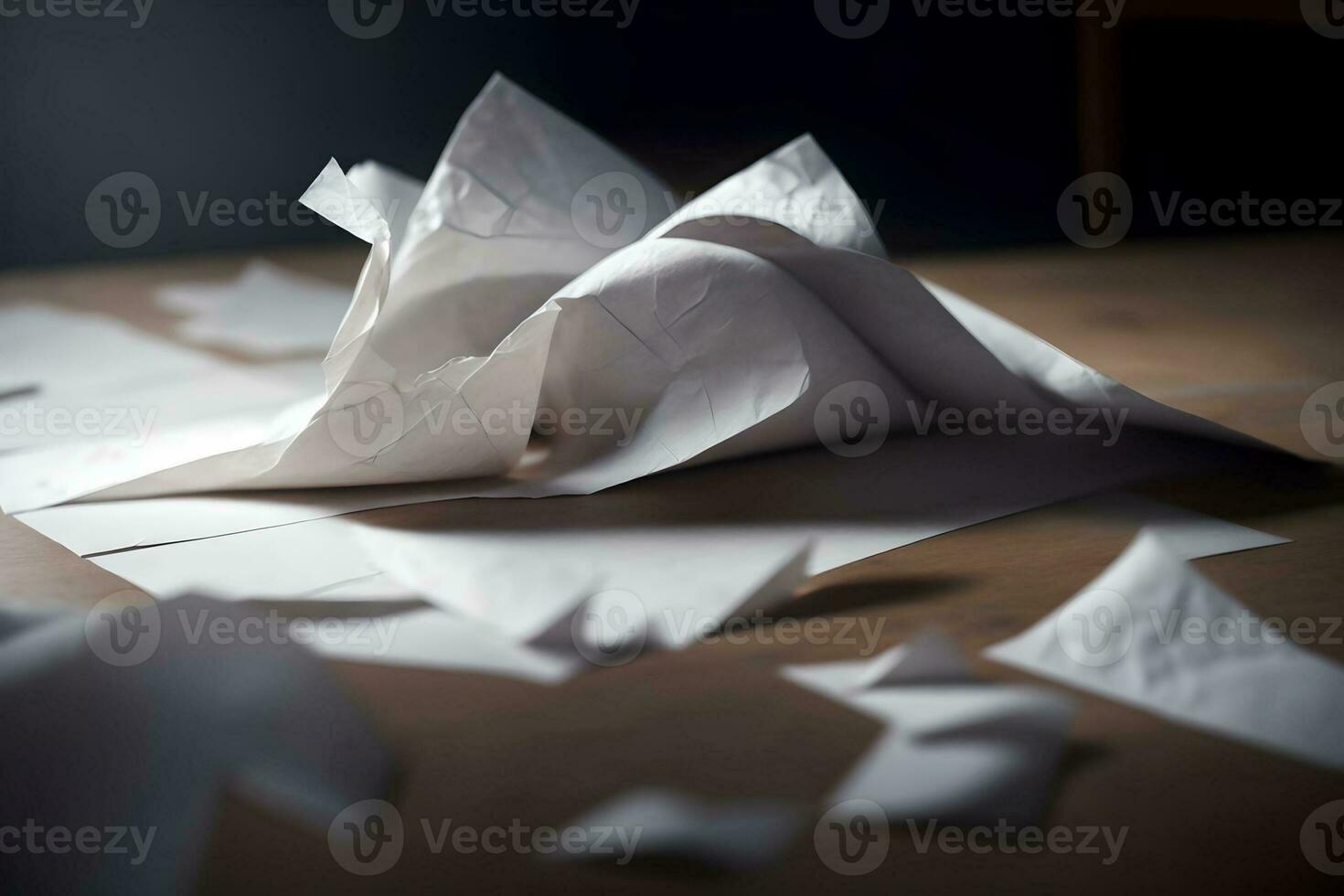 Crumpled paper paper on a wooden table with a chair in the darken room background. AI Generated. photo