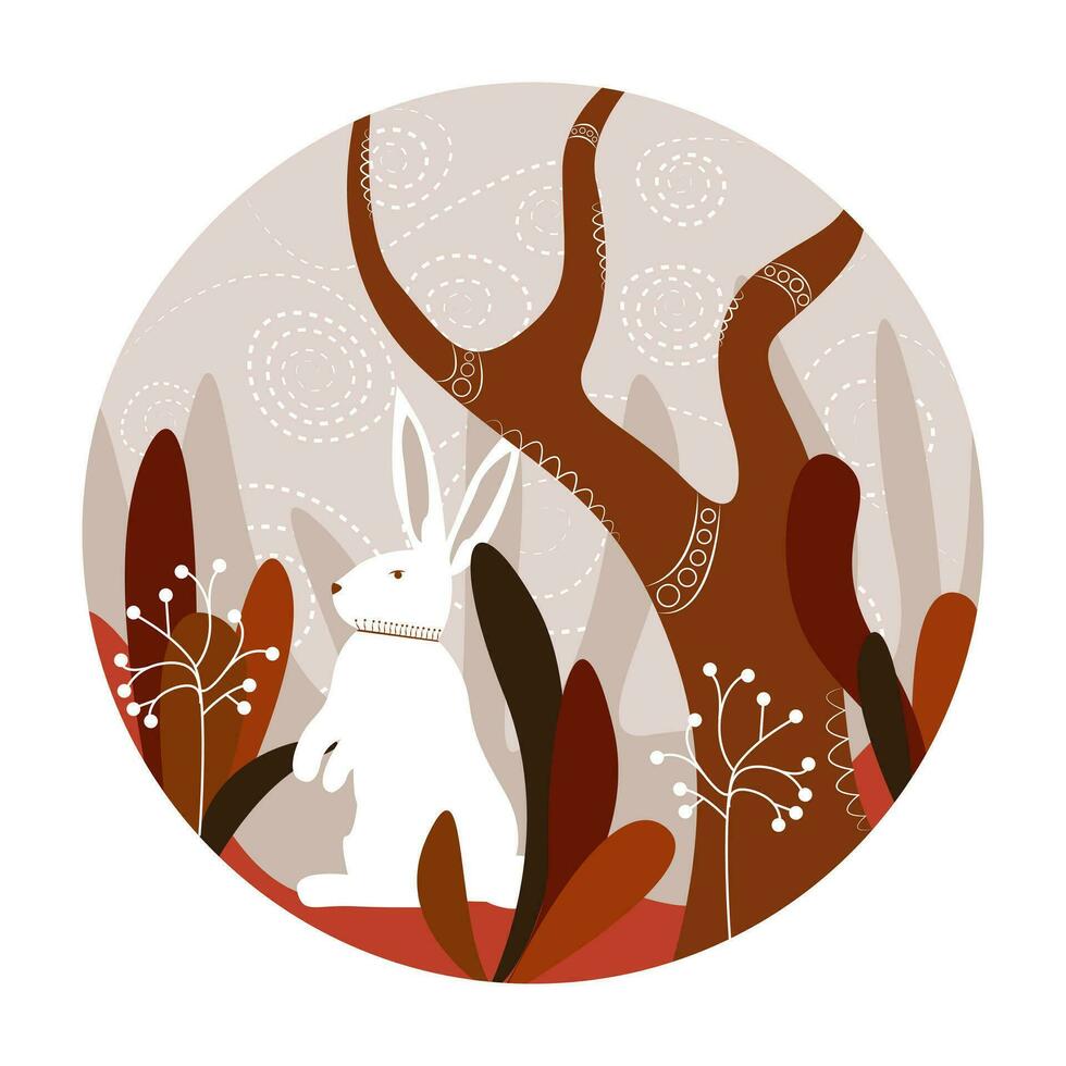 A white hare sits in the bushes and grass in the forest against the background of trees. vector