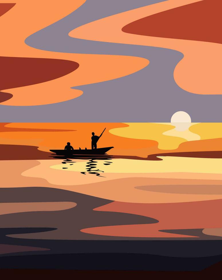 noche paisaje con un puesta de sol con un estanque y un silueta de pescadores en un bote. vector