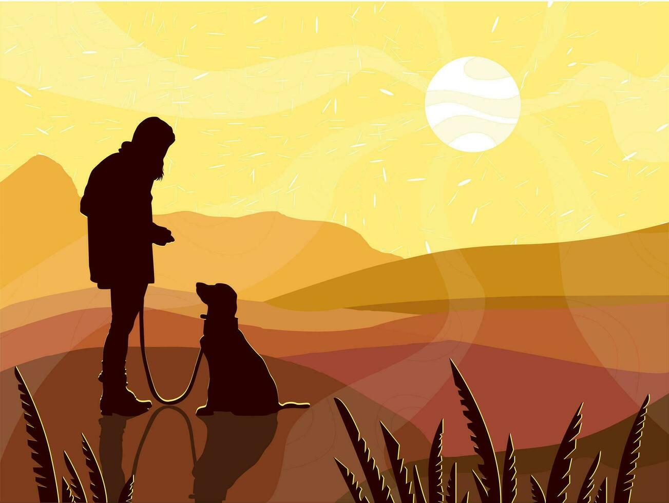 silueta de un niña con un perro en el antecedentes de un montaña noche paisaje con puesta de sol y césped. vector