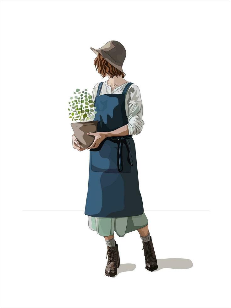 Woman gardener in a hat and apron with a flower in a pot in her hands. vector