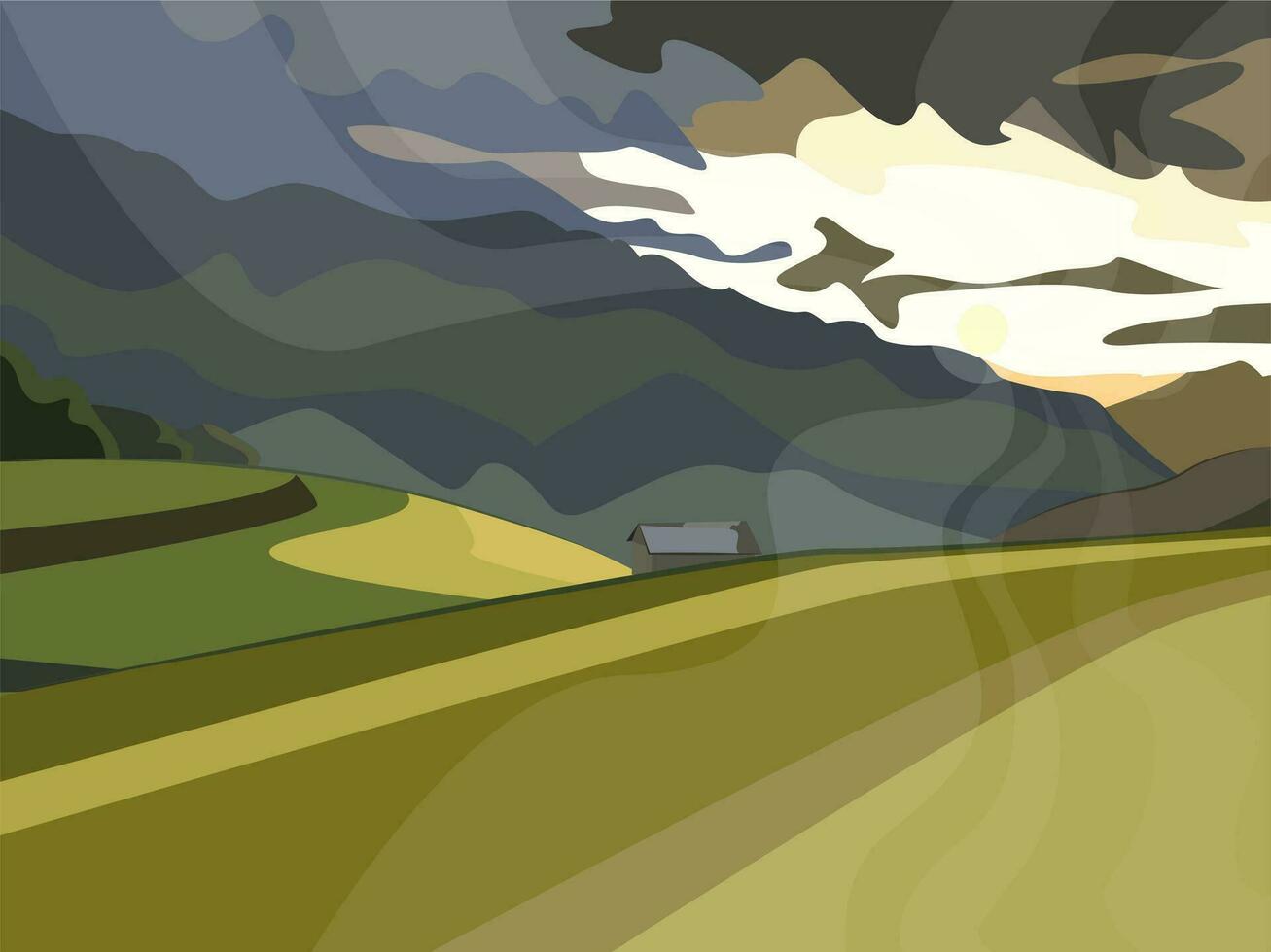 verano rural paisaje con campos y un casa en contra el fondo de montañas y cielo. vector