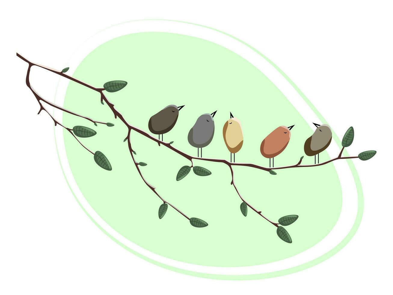Spring birds sit on a branch with leaves. vector