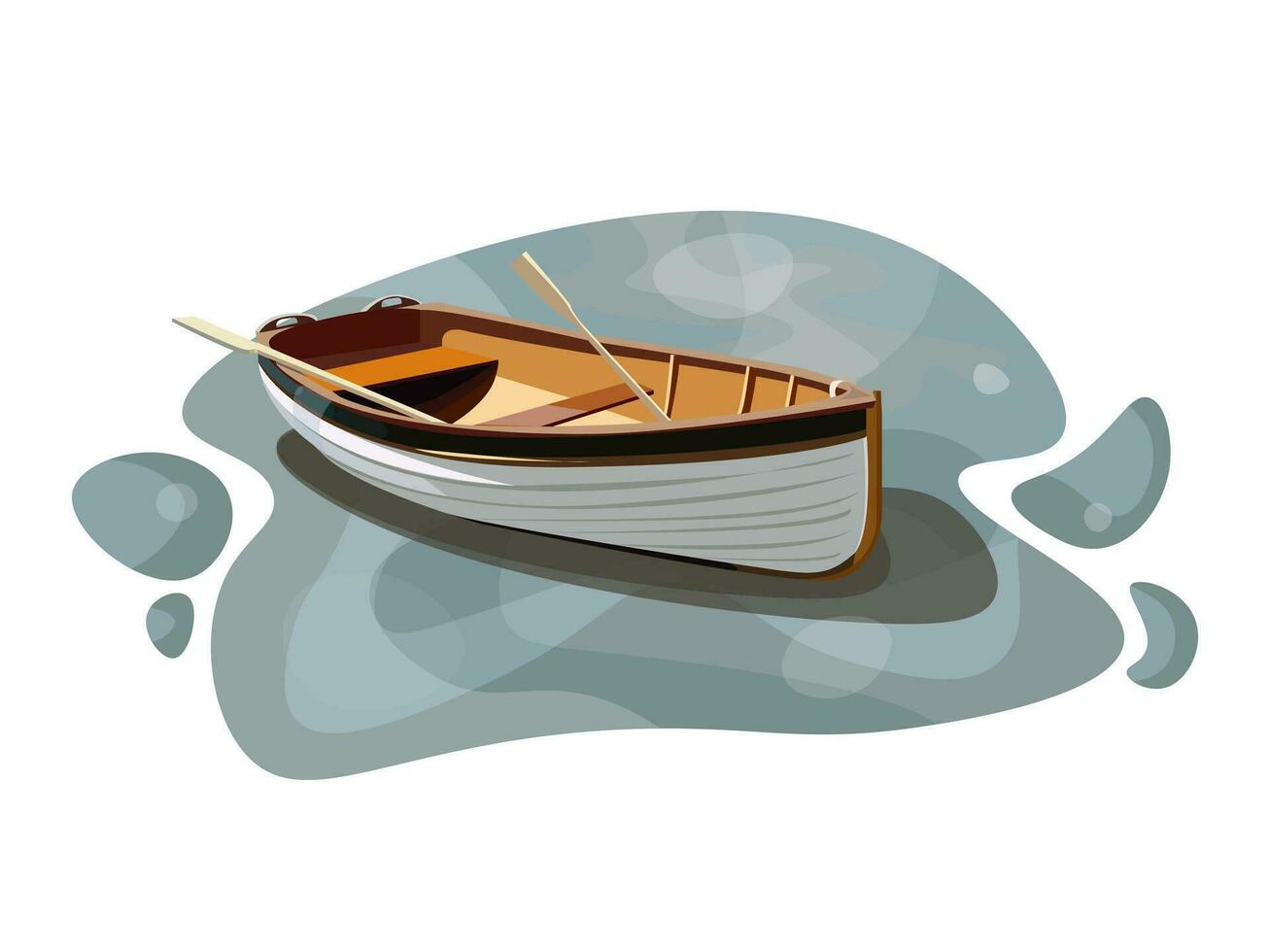 Fishing white wooden boat with oars on the water of a lake or sea. vector