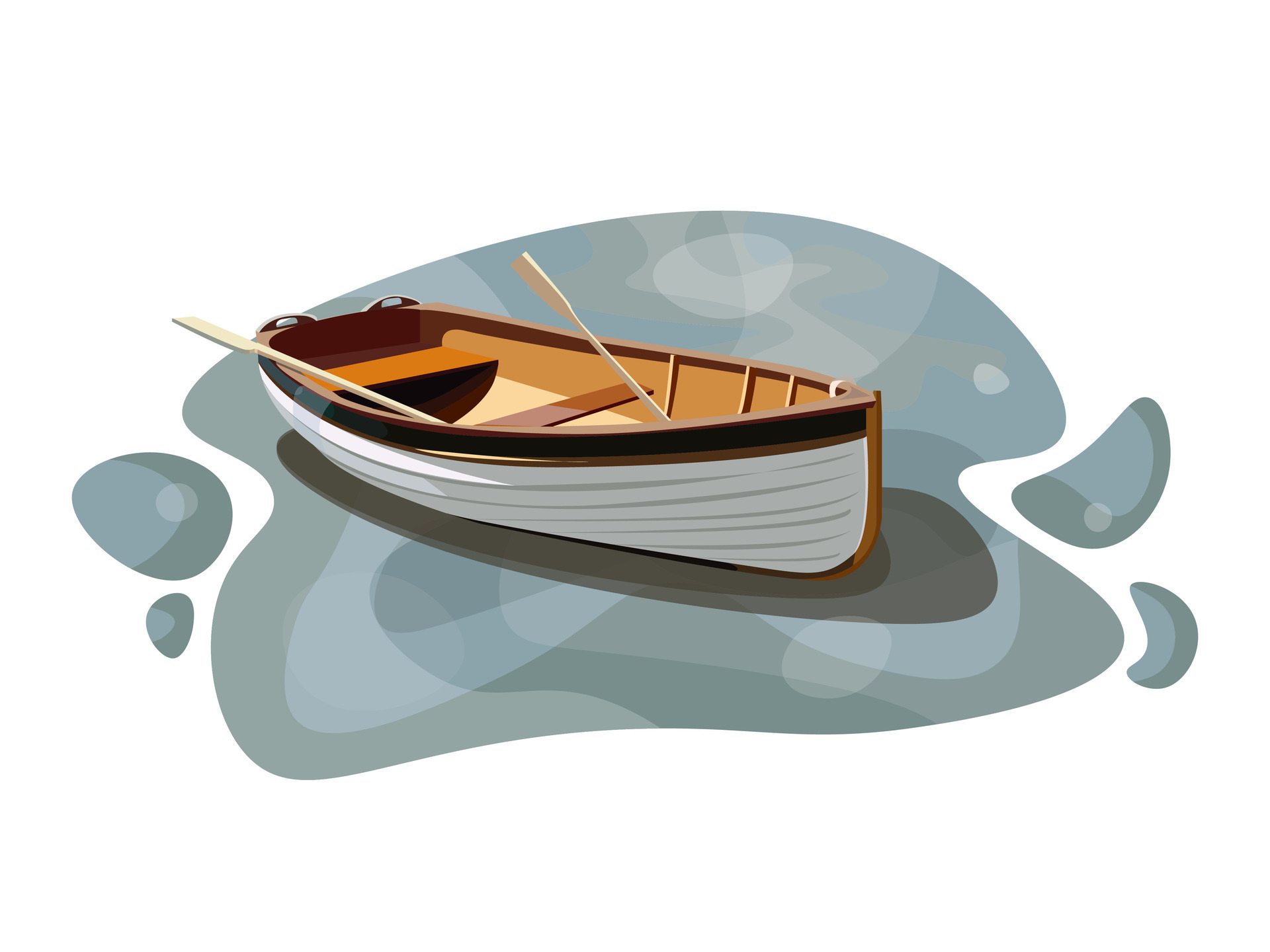 Fishing white wooden boat with oars on the water of a lake or sea