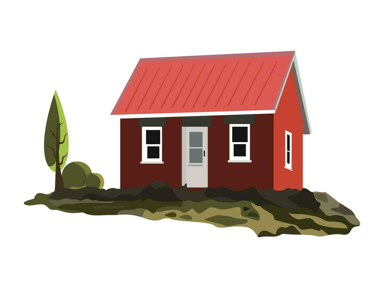 Land plot with rustic red house with thujas and bushes. vector