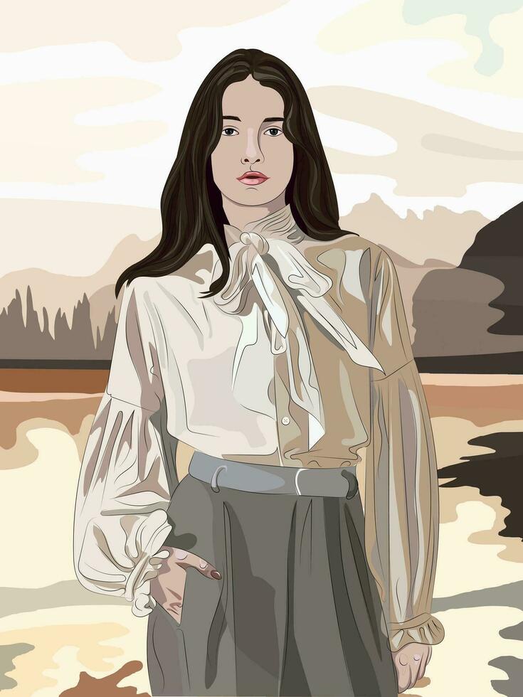 A beautiful girl of Indian blood in a vintage setting against a mountain landscape. vector