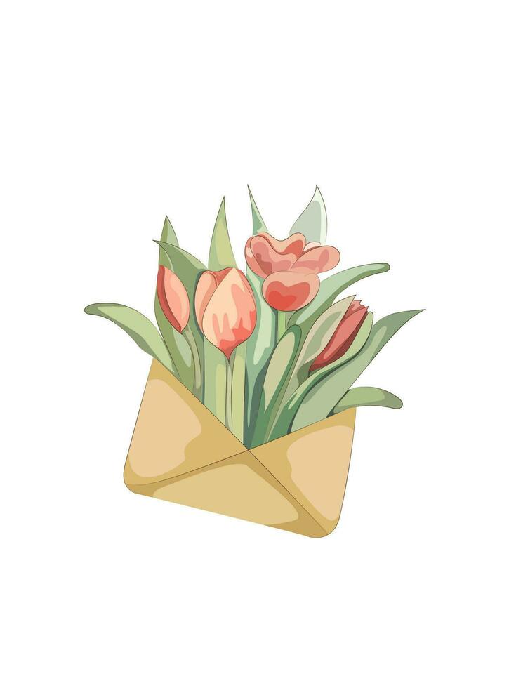 Spring bouquet of tulips with foliage in a graft envelope. vector