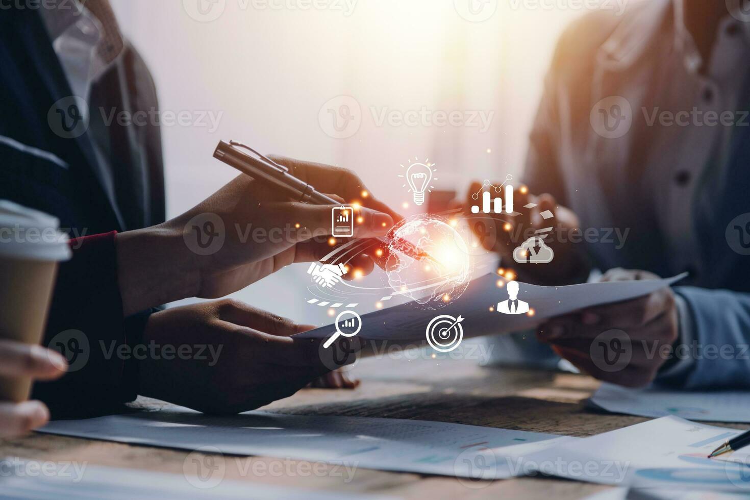 woman Hand holding virtual Global Internet connection metaverse. Business global internet connection application technology and digital marketing, Financial and banking, Digital link tech, big data. photo