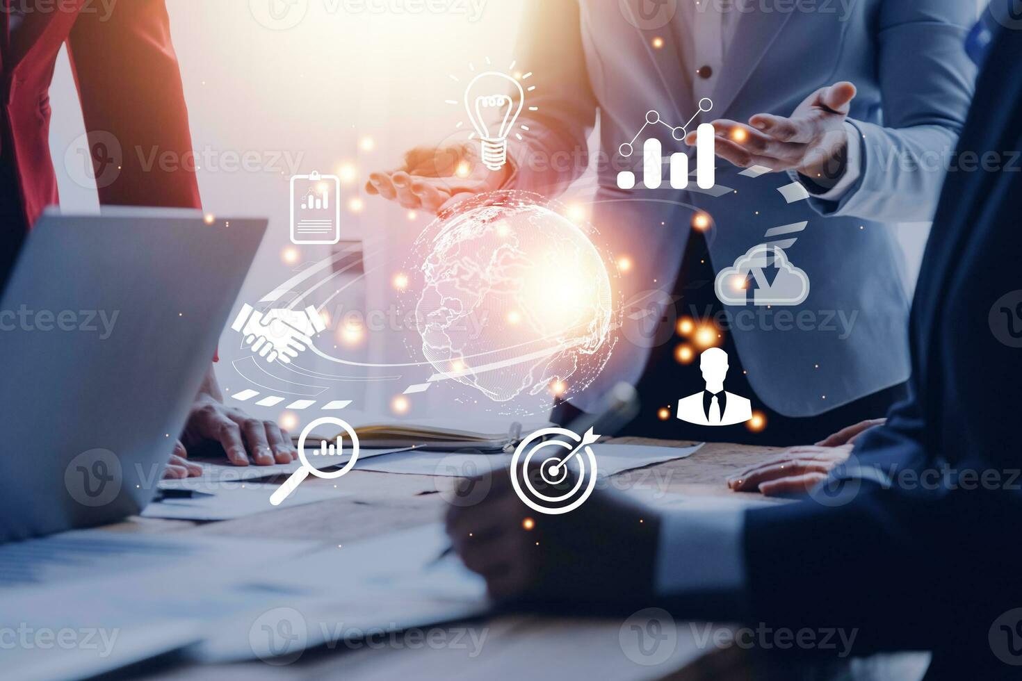 woman Hand holding virtual Global Internet connection metaverse. Business global internet connection application technology and digital marketing, Financial and banking, Digital link tech, big data. photo
