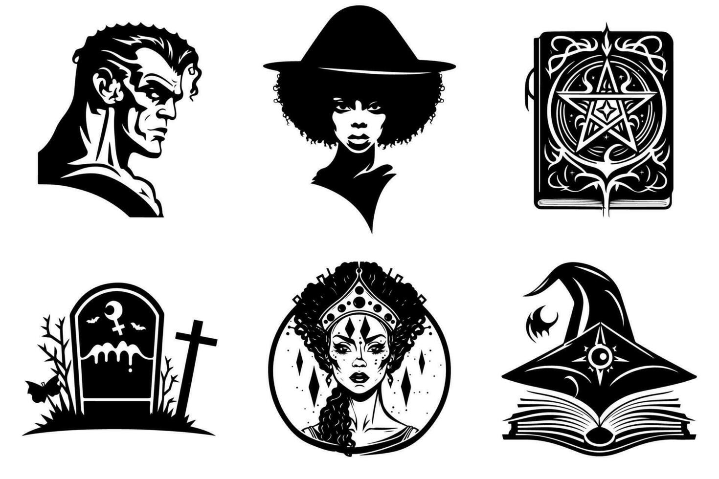Scary monster, witch, spell books, tombstone, voodoo priestess - Halloween graphics set, black and white, isolated. vector