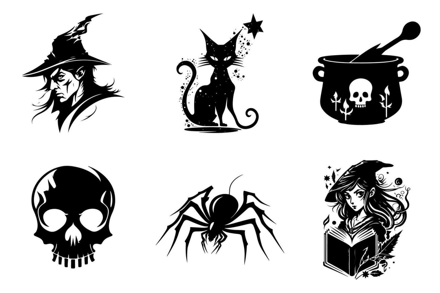 de miedo araña, cráneo, negro gato, magia maceta, bruja y mago - Víspera de Todos los Santos gráficos colocar, negro y blanco, aislado. vector