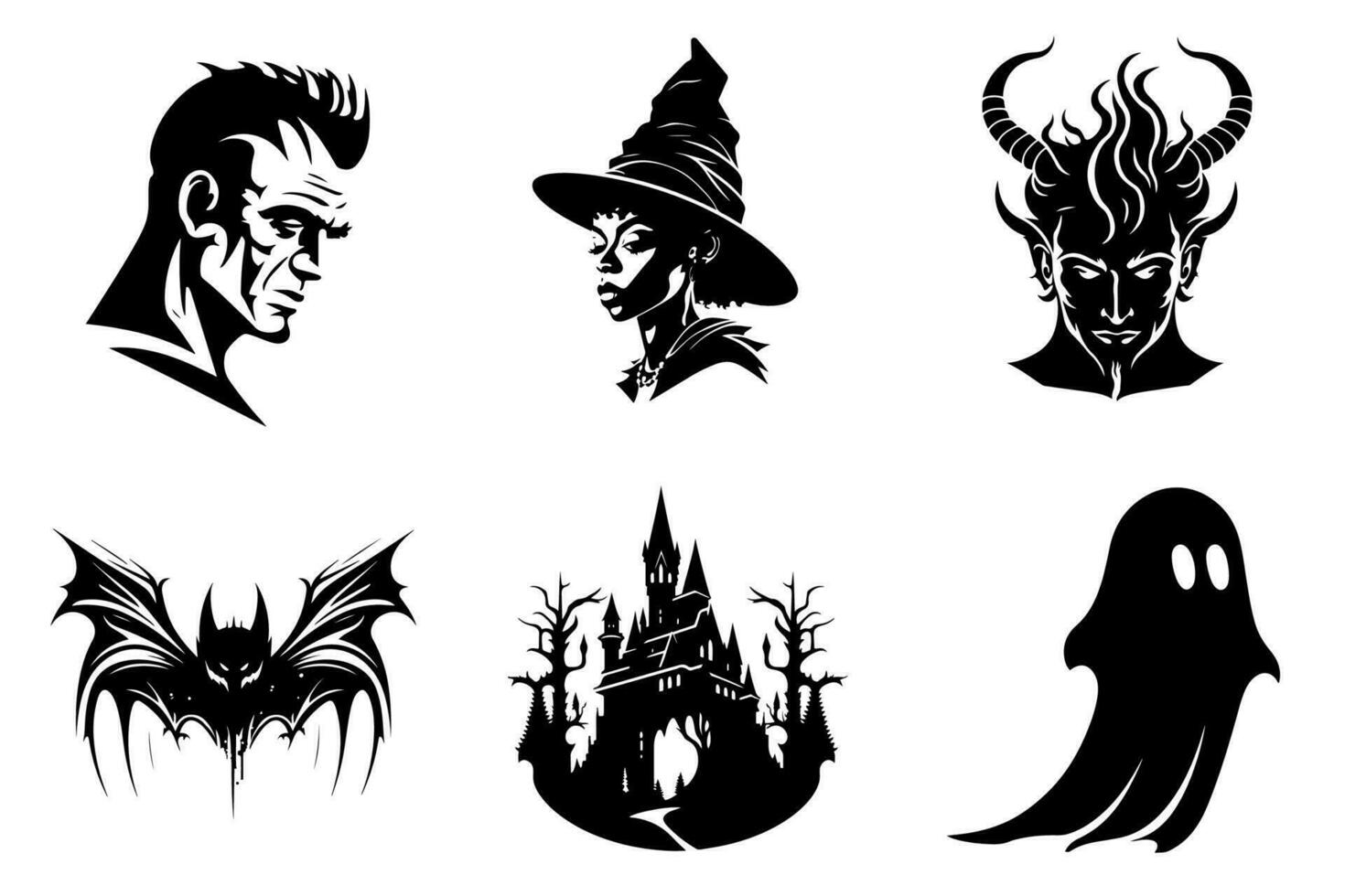 Set of Halloween graphics - scary monster, witch, devil, bat, castle, ghost. Black and white, isolated vector