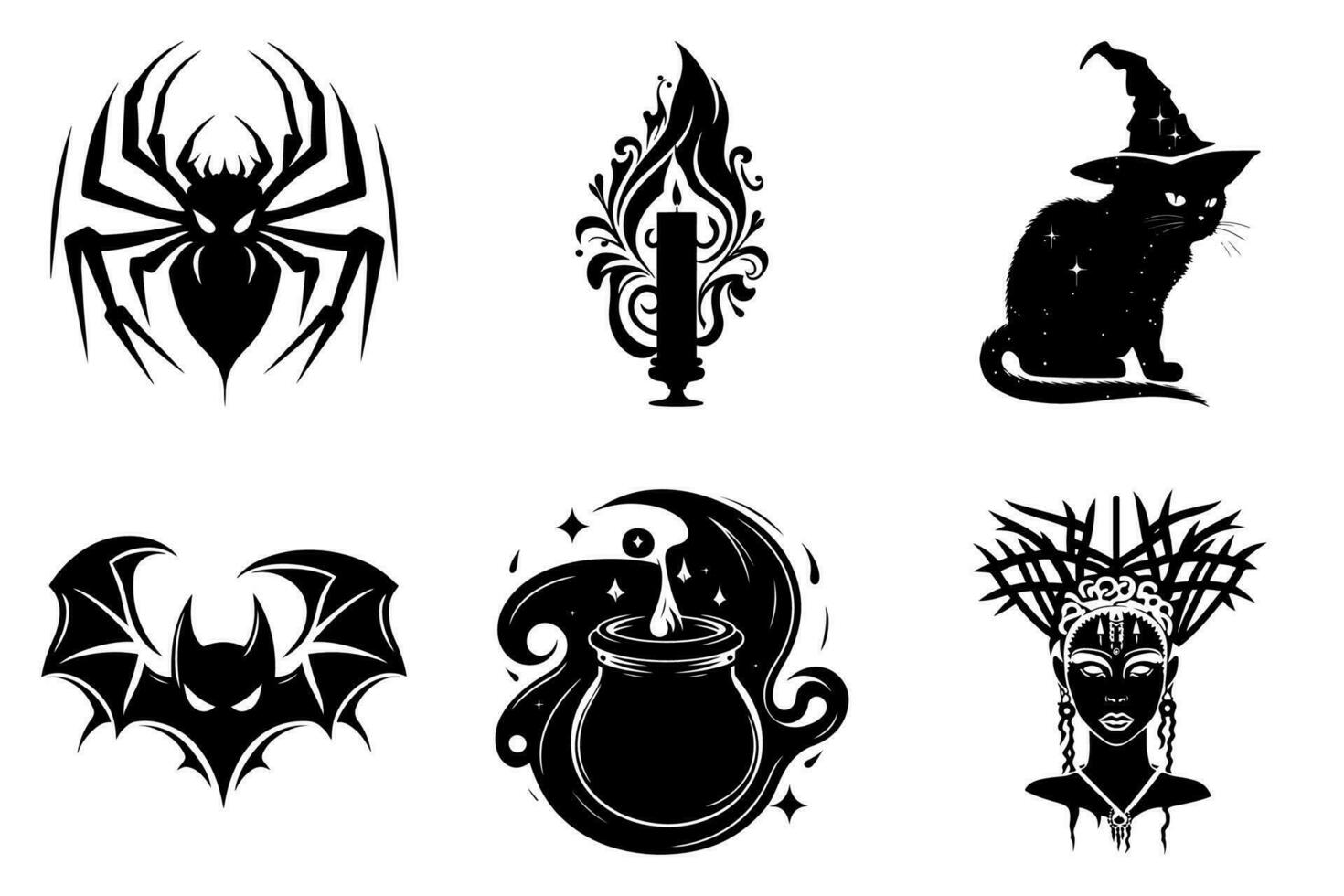 Set of Halloween graphics - scary spider and bat, candle, magic pot, black cat, voodoo priestess. Black and white, isolated. vector