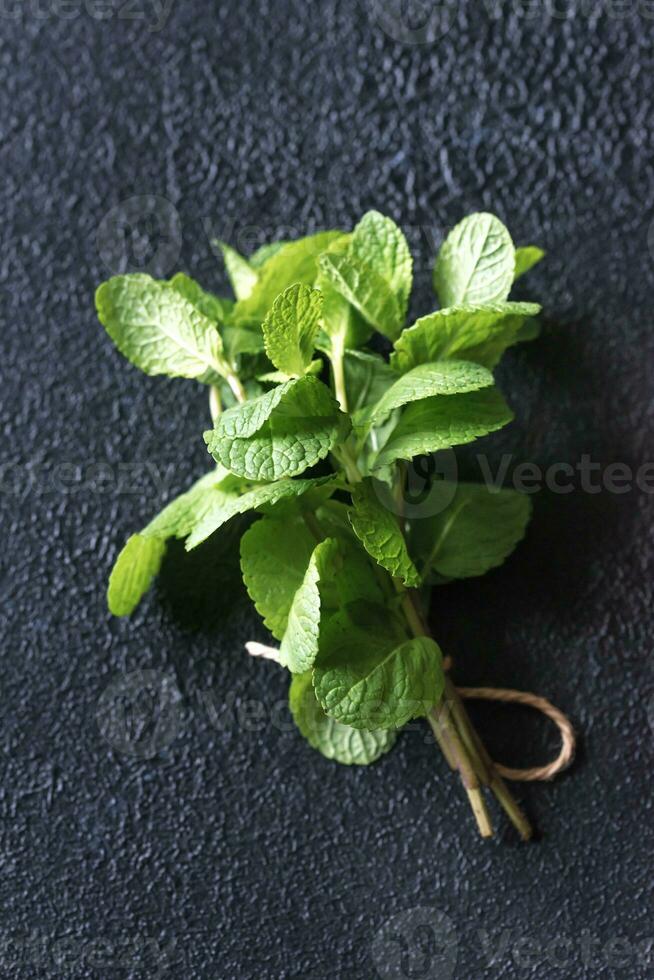 manojo de Fresco menta en el oscuro antecedentes foto